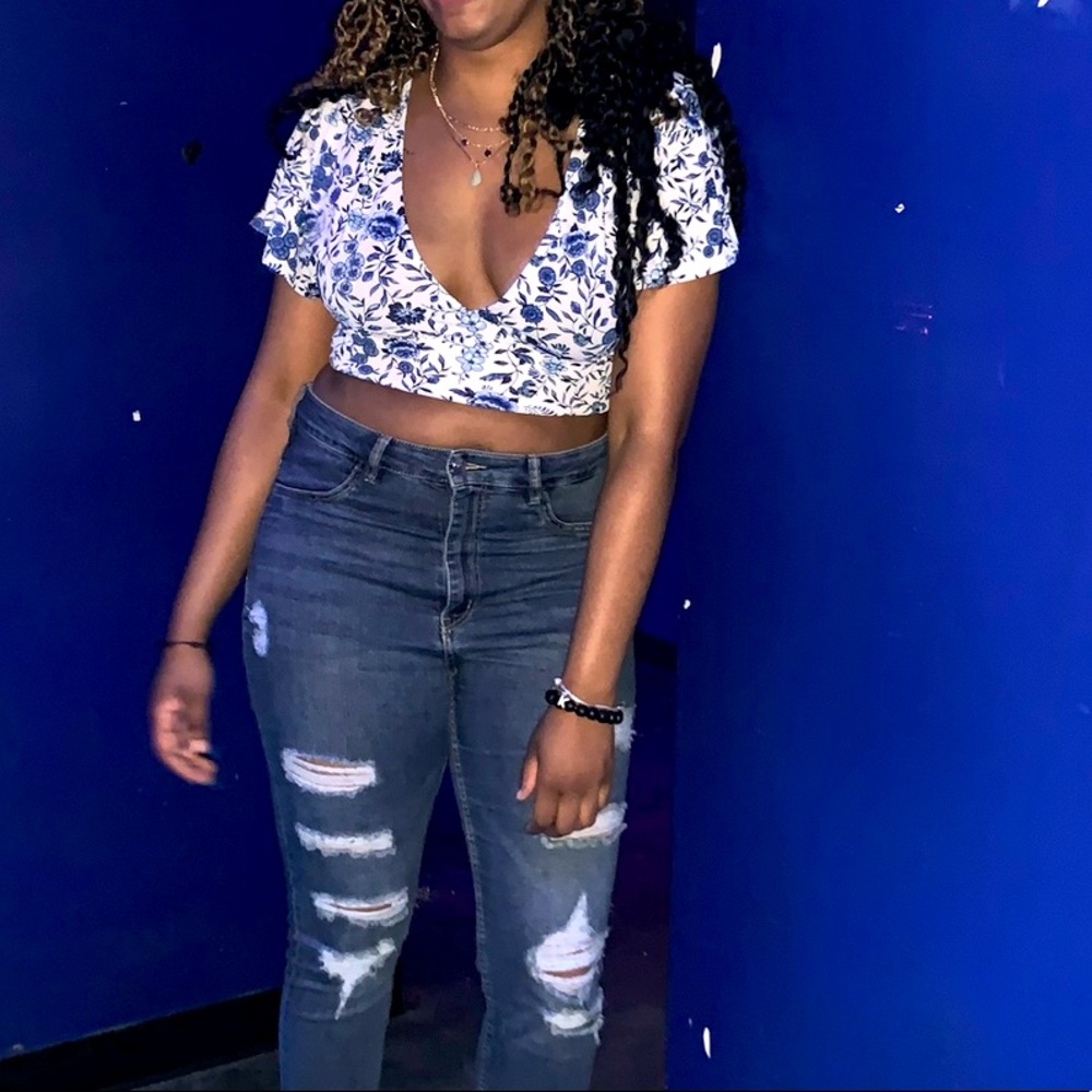 H&M Divided White and Blue Floral Wrap/Crop Top with Cut outs